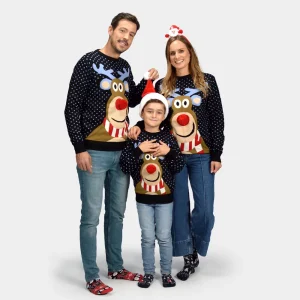 Jersey de Navidad para Familia Azul Reno Rodolfo con Nariz Roja en 3D