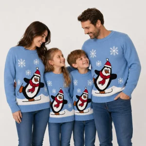 Jersey de Navidad Pingüino Azul Claro