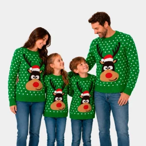 Jersey de Navidad para Familia Verde Reno con Gorro en 3D Algodón