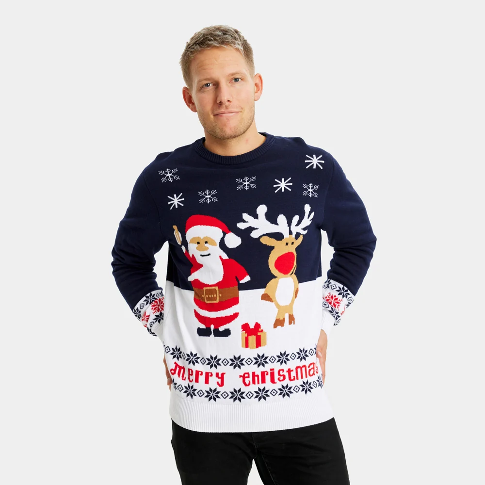 Jersey de Navidad para Hombre Azul Papá Noel y Reno Rudolph - Imagen 3