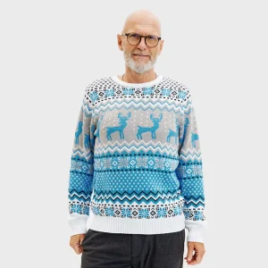 Jersey de Navidad para Hombre Blanco, Gris y Azul con Renos Elegante
