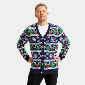 Jersey de Navidad para Hombre Cárdigan Azul con Renos y Árboles