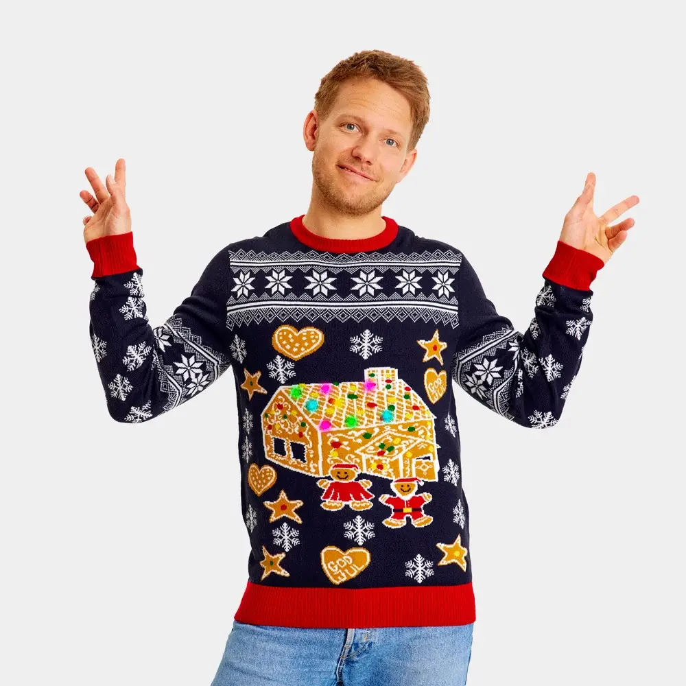 Jersey de Navidad con Luces LED para Hombre Casa Gingerbread
