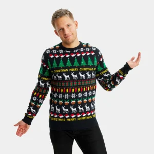 Jersey de Navidad para Hombre Negro con Árboles, Renos y Regalos
