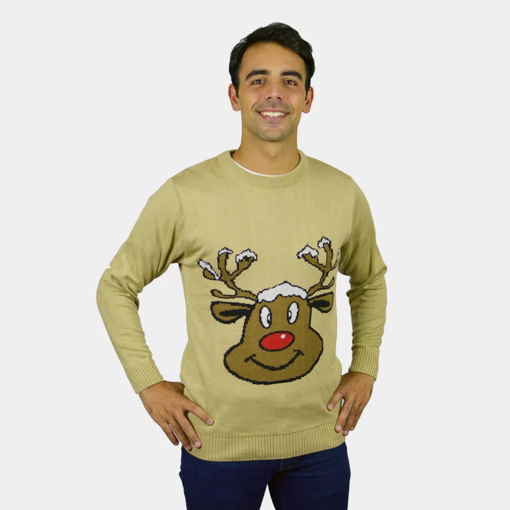 Jersey de Navidad para Hombre Reno Sonriente Beige