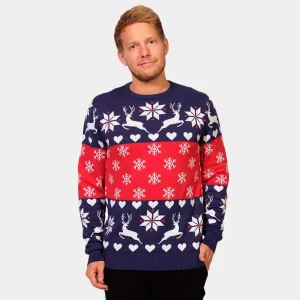 Jersey de Navidad para Hombre Renos y Corazones Azul y Rojo