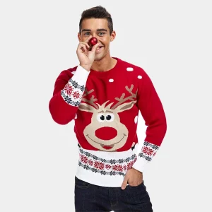 Jersey de Navidad para Hombre Rojo con Reno y Nieve