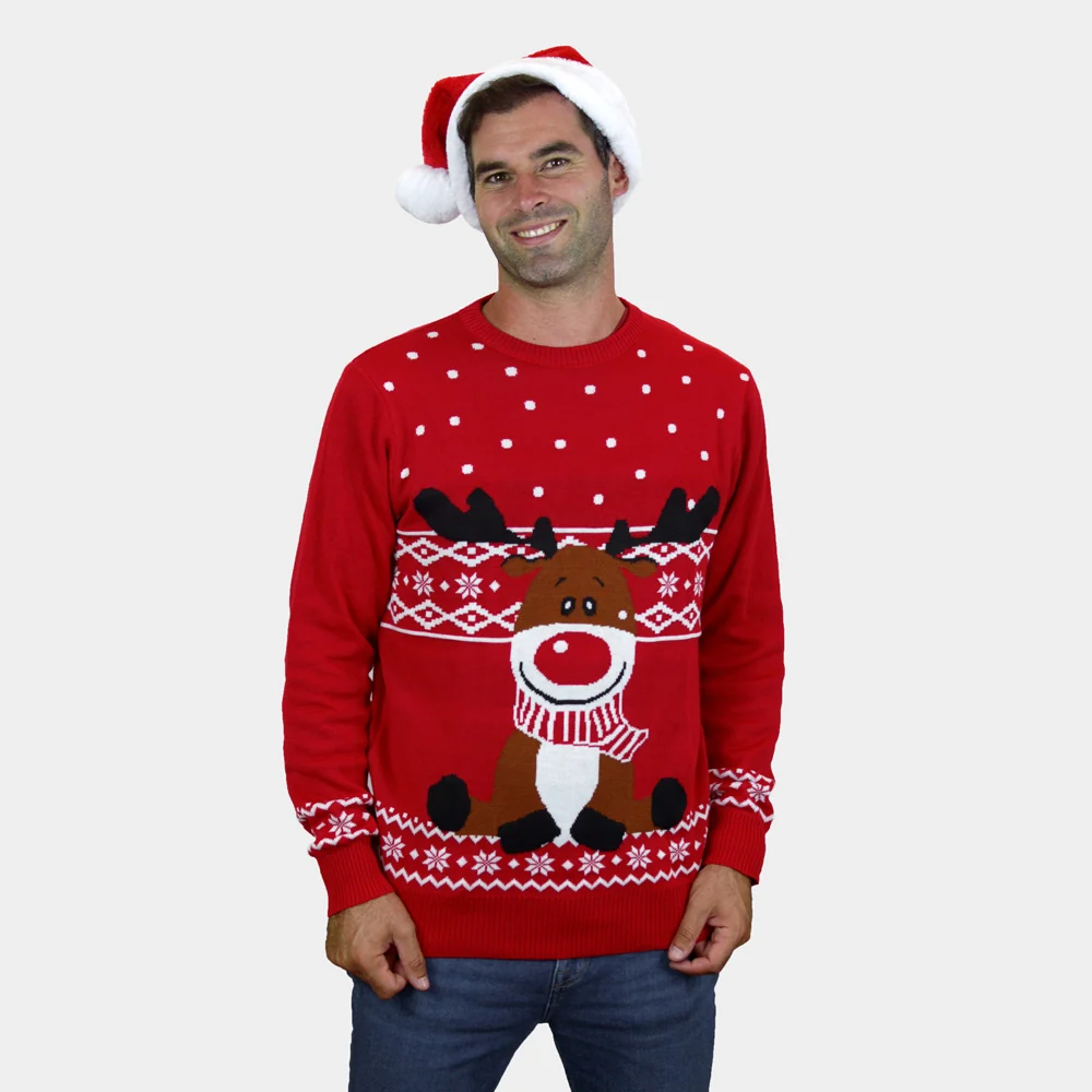 Jersey de Navidad para Hombre Rojo Reno Rudolph Bufanda