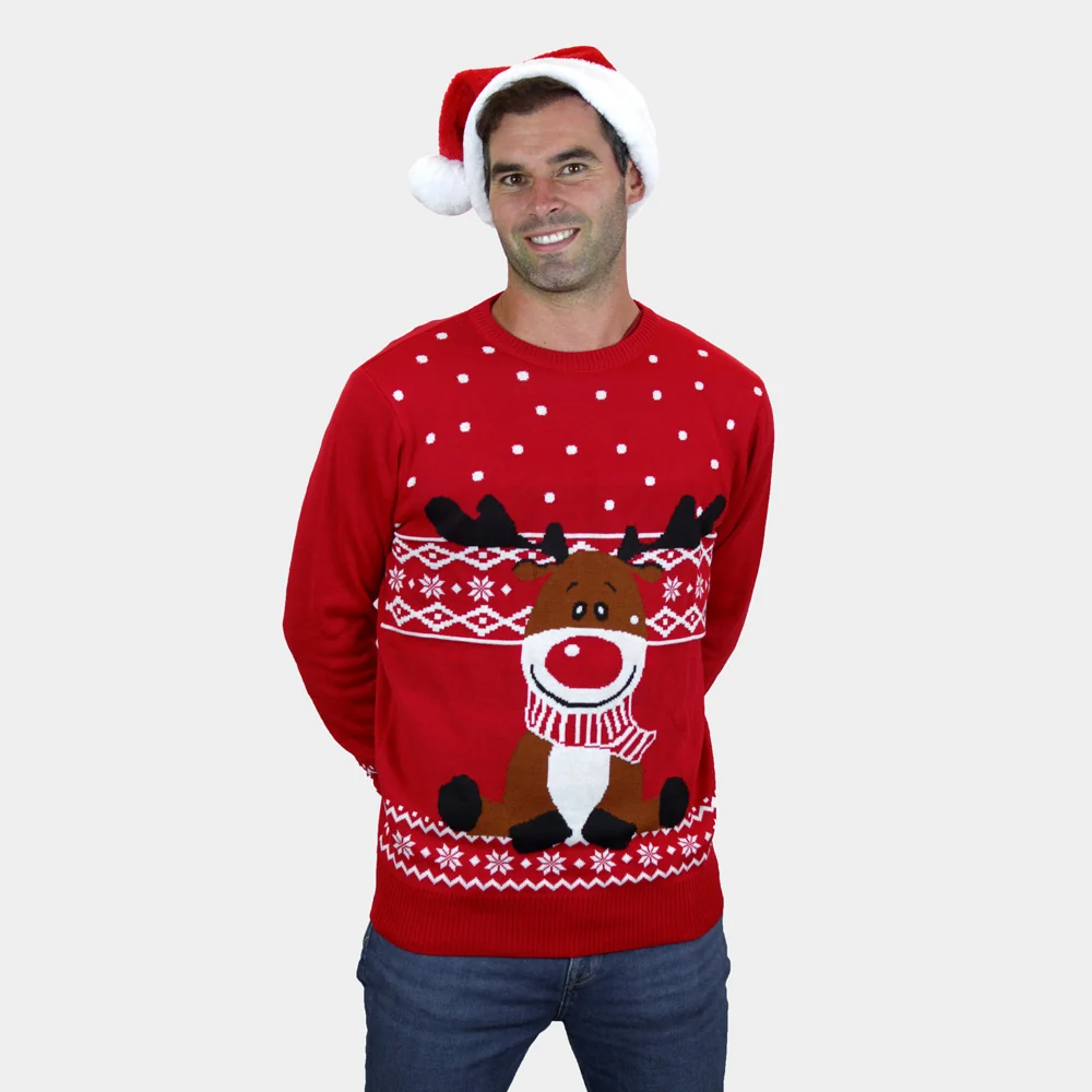 Jersey de Navidad para Hombre Rojo Reno Rudolph Bufanda - Imagen 3