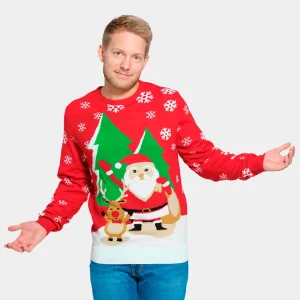 Jersey de Navidad para Hombre Rojo con Santa Claus y Reno Saludando