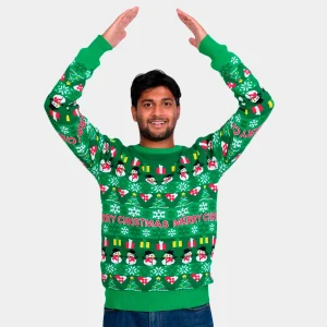 Jersey de Navidad para Hombre Verde con Árboles y Muñecos de Nieve