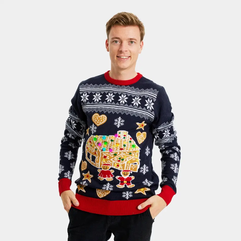 Jersey de Navidad con Luces LED para Hombre Casa Gingerbread - Imagen 5