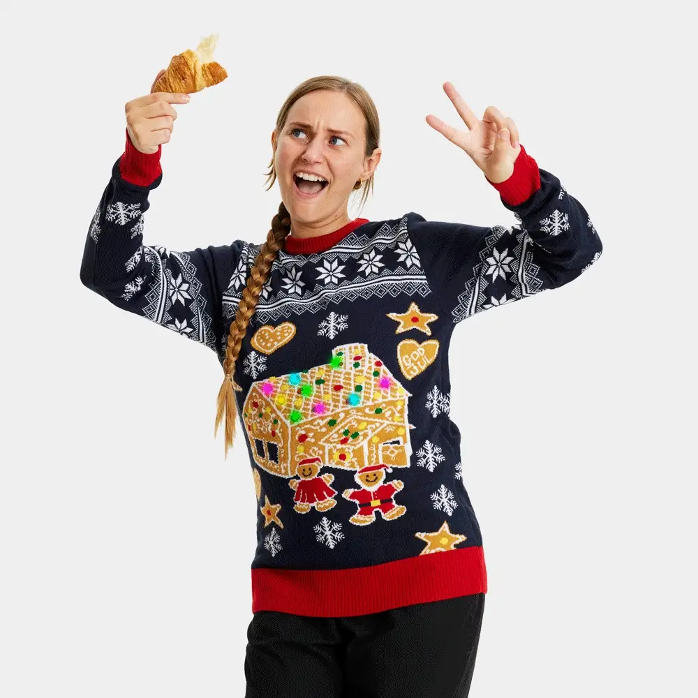 Jersey de Navidad de Luces LED para Mujer Casa Gingerbread - Imagen 5