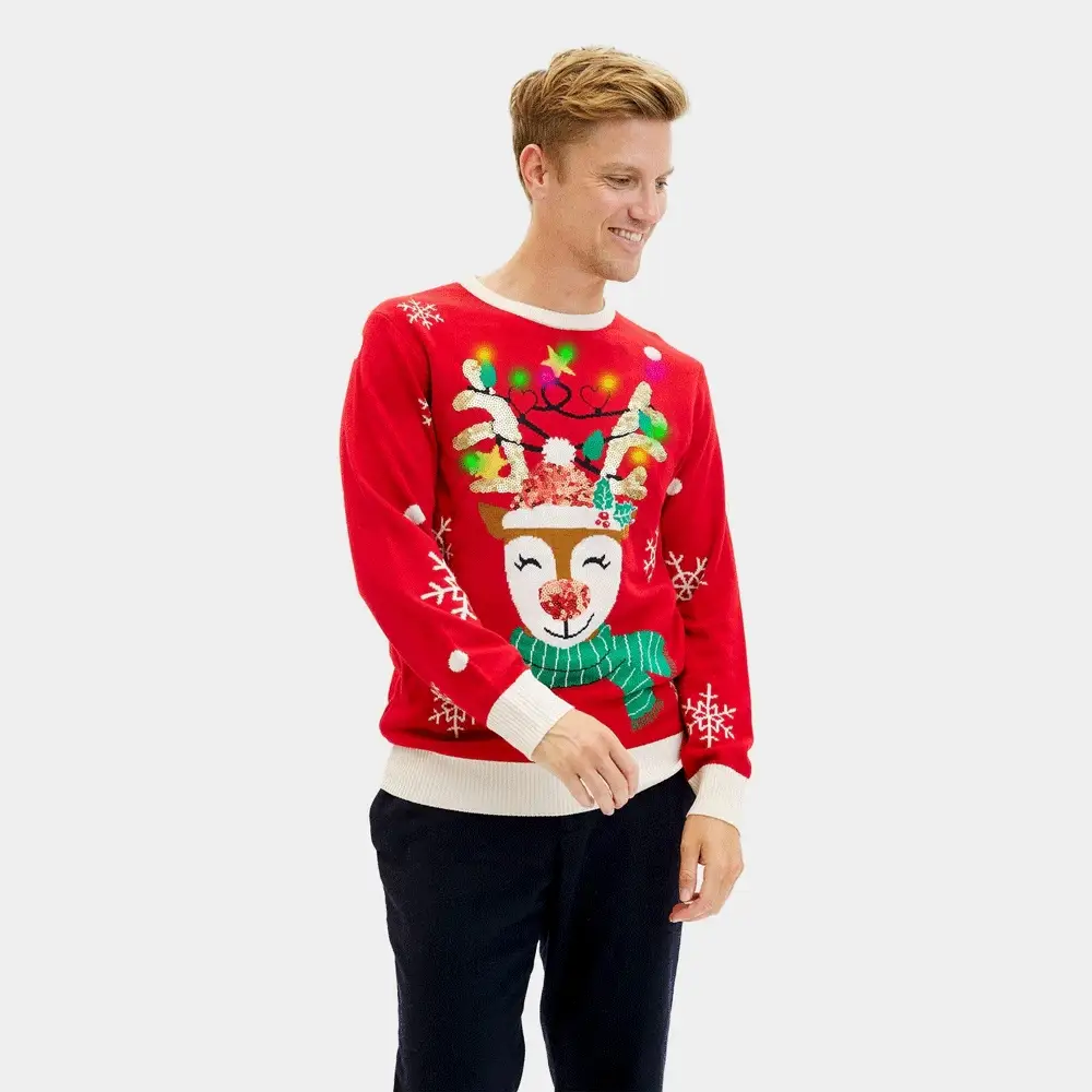 Jersey de Navidad con Luces LED para Hombre Reno Brillante con Lentejuelas - Imagen 3