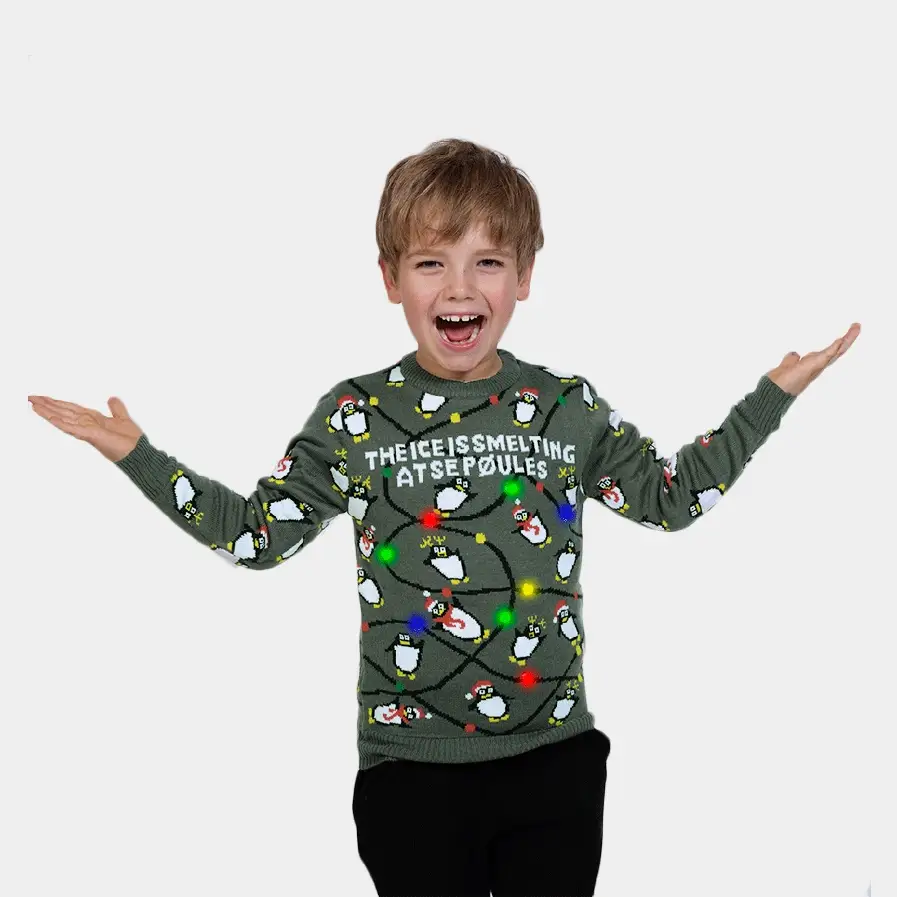Jersey de Navidad con Luces LED para Niña y Niño con Pingüinos