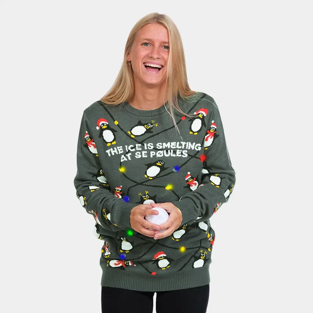 Jersey de Navidad con Luces LED Parejas Gris con Pingüinos