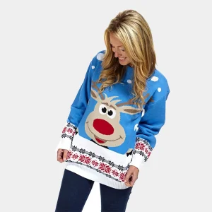 Jersey de Navidad para Mujer Azul Claro con Reno y Nieve