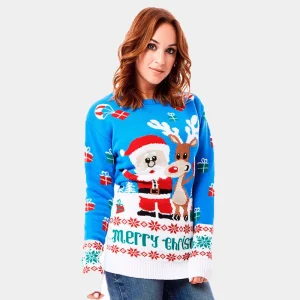 Jersey de Navidad para Mujer Azul Claro Reno y Papá Noel
