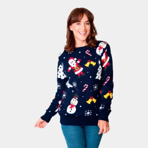 Jersey de Navidad para Mujer Azul Marino Papá Noel y Muñecos de Nieve