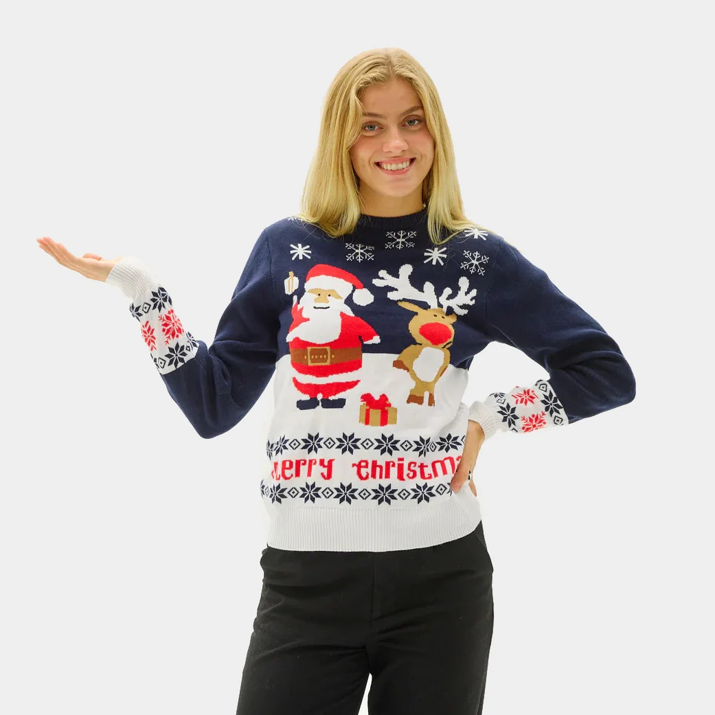 Jersey de Navidad para Mujer Azul Papá Noel y Reno Rudolph - Imagen 3
