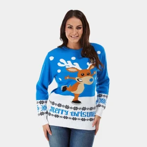 Jersey de Navidad para Mujer Azul con Reno Patinando