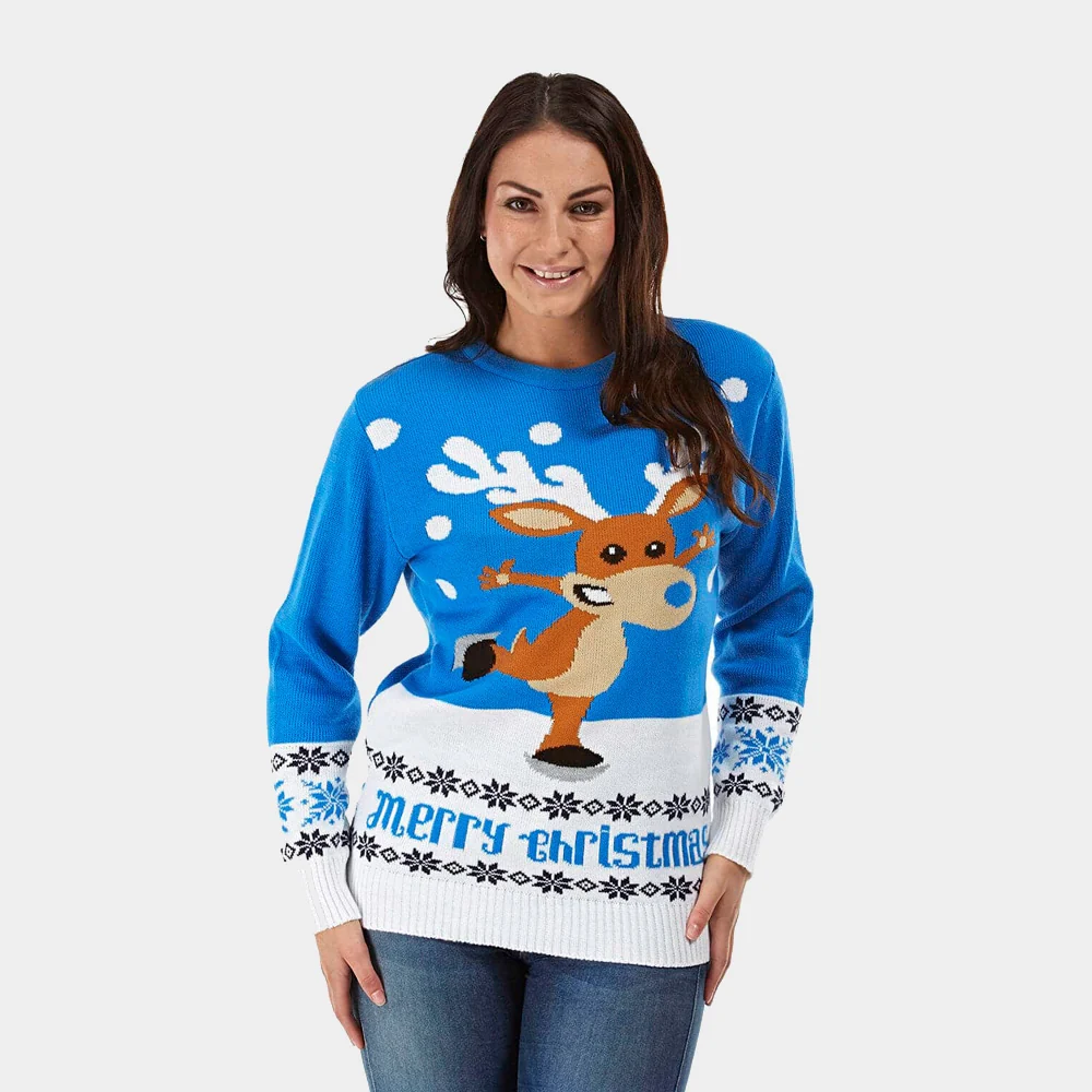 Jersey de Navidad para Mujer Azul con Reno Patinando - Imagen 2