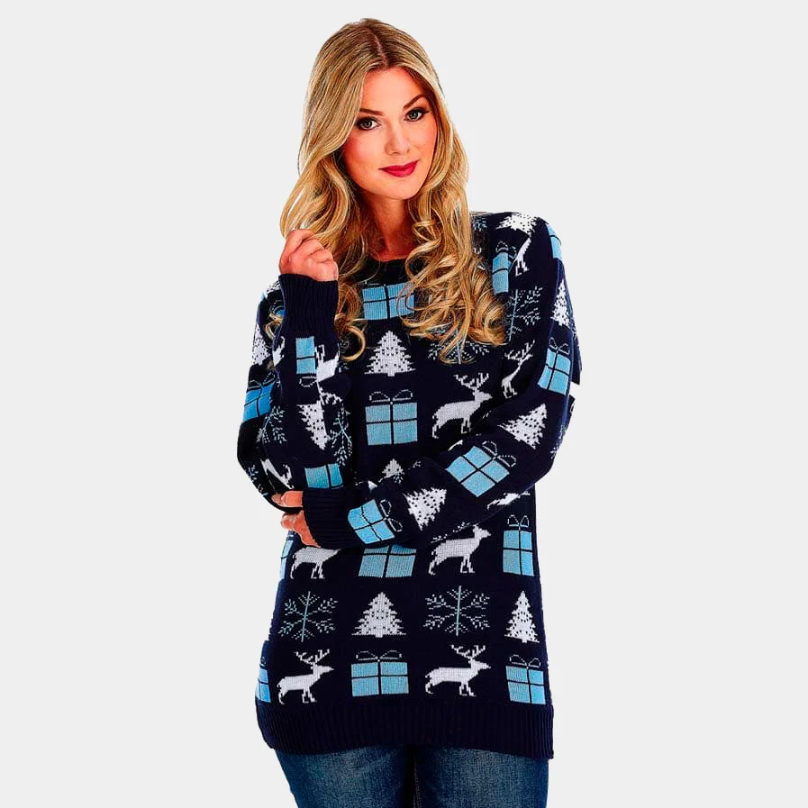 Jersey de Navidad para Mujer Azul con Renos, Regalos y Pinos - Imagen 5
