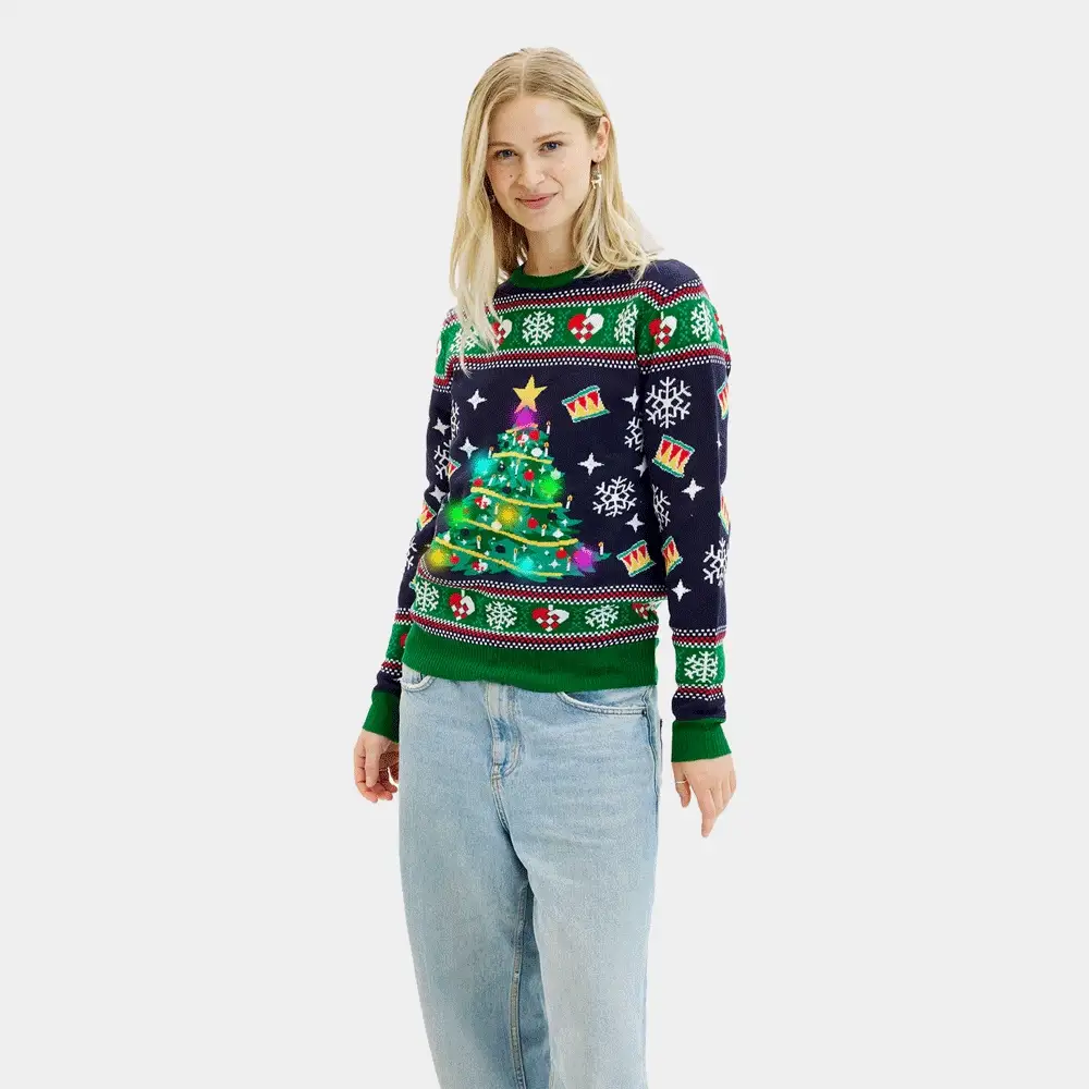 Jersey de Navidad con Luces LED para Mujer Azul con Árbol Navidad - Imagen 4