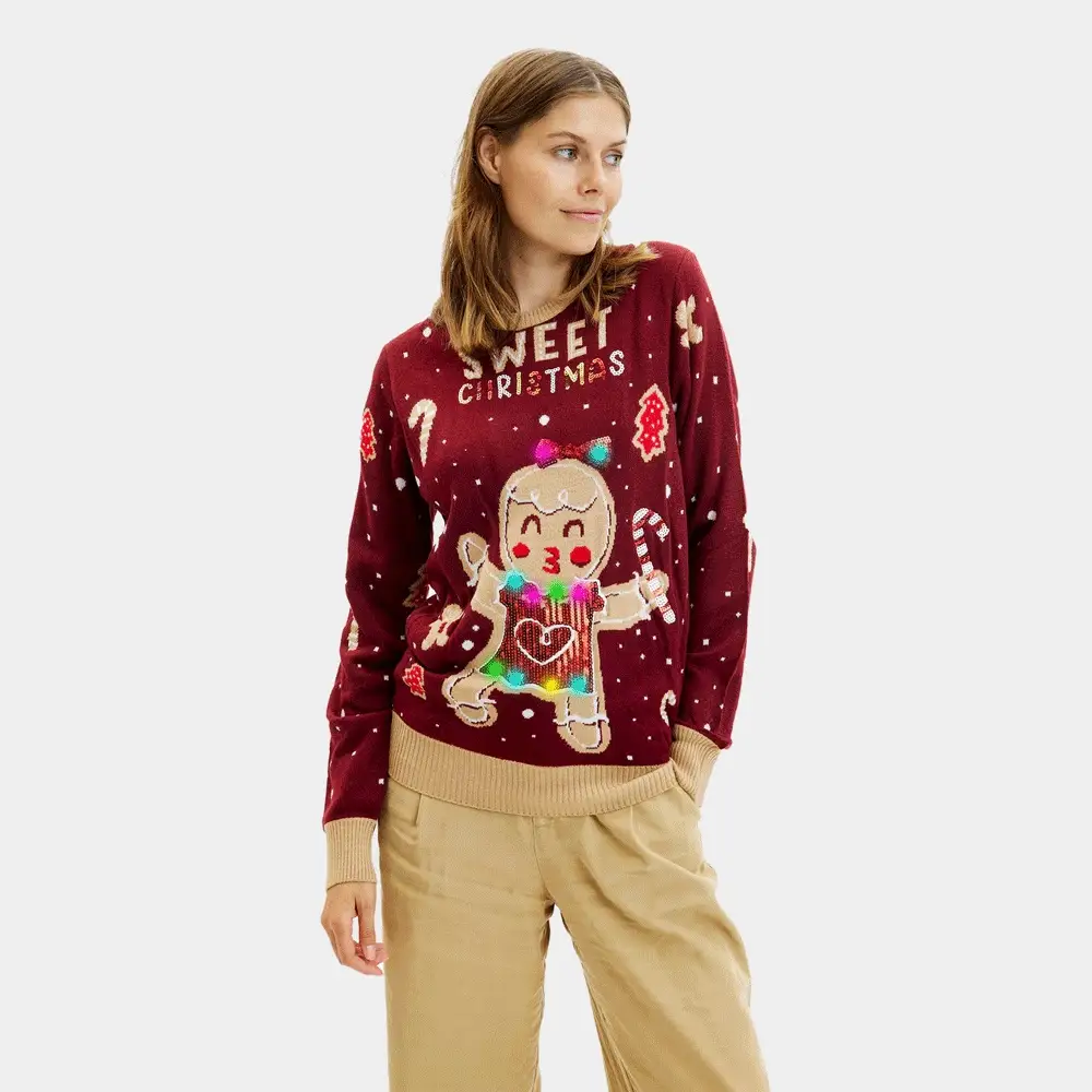 Jersey de Navidad con Luces LED para Mujer Rojo Ginger Cookie