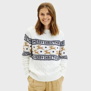 Jersey de Navidad para Mujer Elegante Blanco con Renos Algodón Orgánico