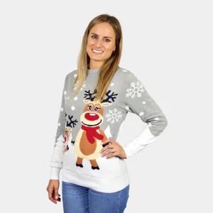 Jersey de Navidad para Mujer Gris con Renas Cute Algodón Orgánico
