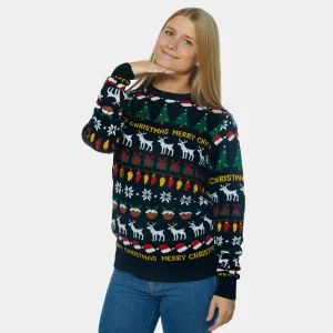 Jersey de Navidad para Mujer Negro con Árboles, Renos y Regalos