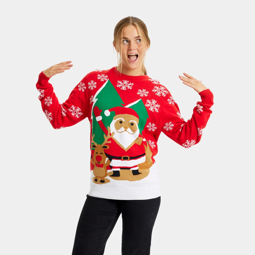 Jersey de Navidad para Hombre Rojo con Santa Claus y Reno Saludando - Imagen 3