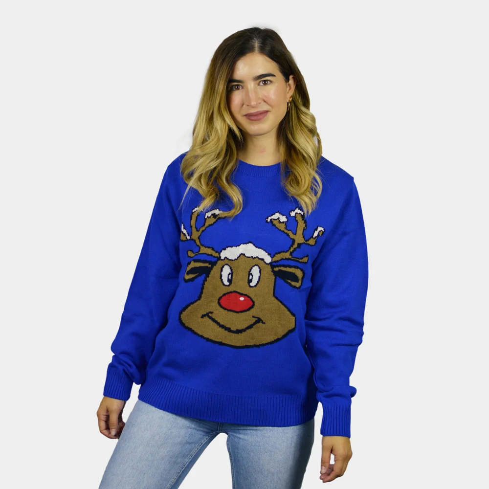 Jersey de Navidad para Mujer Reno Sonriente Azul