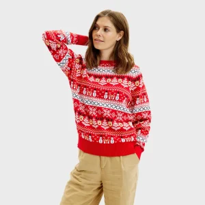Jersey de Navidad para Mujer Rojo Muñecos de Nieve y Cenefas Algodón Orgánico