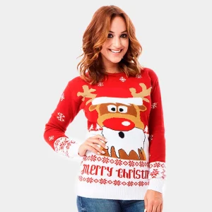 Jersey de Navidad para Mujer Rojo con Reno Rudolph