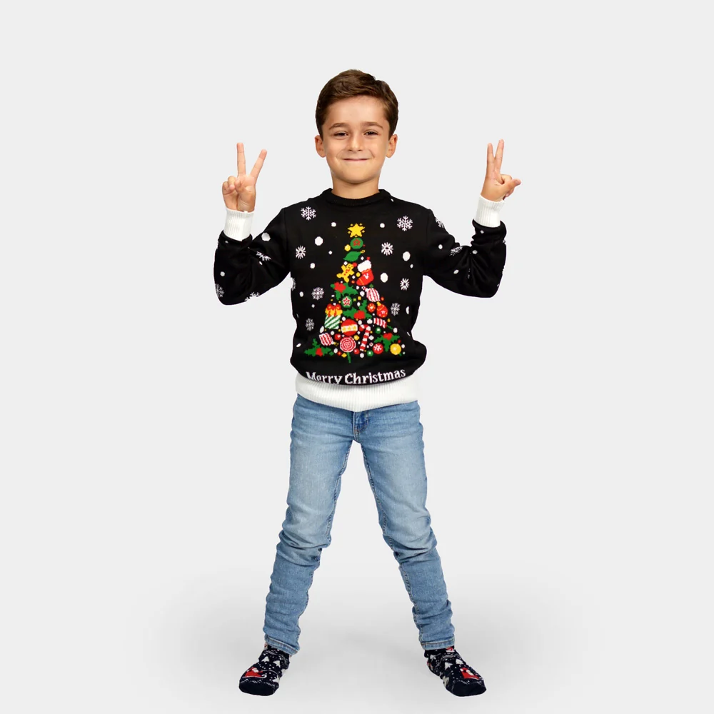 Jersey de Navidad para Niña y Niño Negro con Árbol de Navidad - Imagen 5