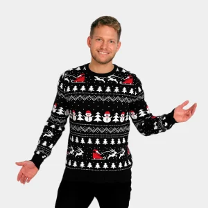 Jersey de Navidad para Hombre Negro Árboles, Muñecos y Papá Noel