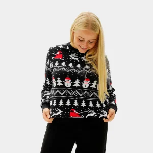 Jersey de Navidad para Mujer Negro Árboles, Muñecos y Papá Noel