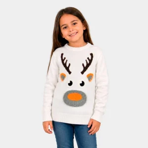 Jersey de Navidad para Niña y Niño Blanco con Reno 3D Algodón
