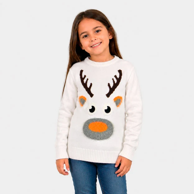 Jersey de Navidad para Niña y Niño Blanco con Reno 3D Algodón