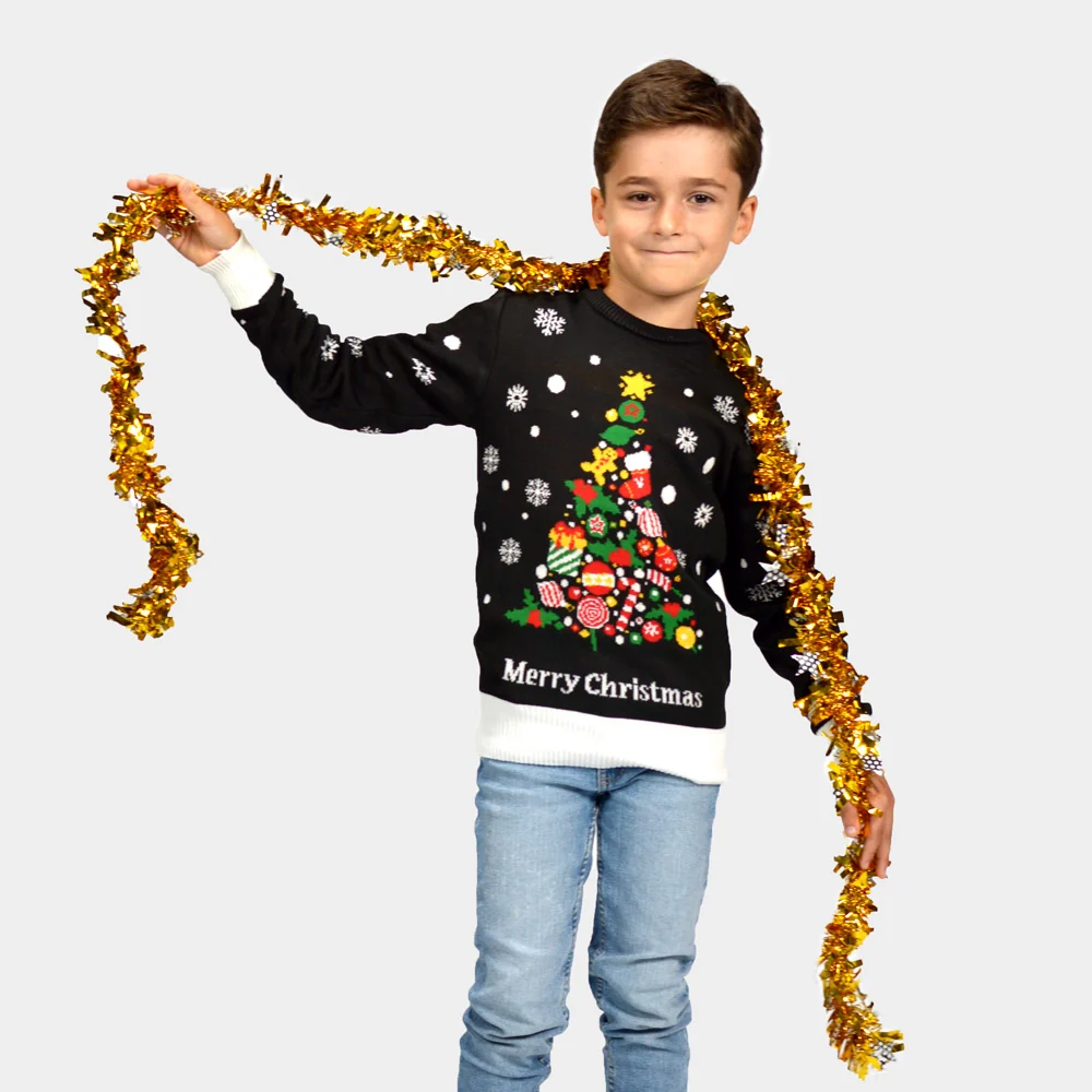 Jersey de Navidad para Niña y Niño Negro con Árbol de Navidad - Imagen 2