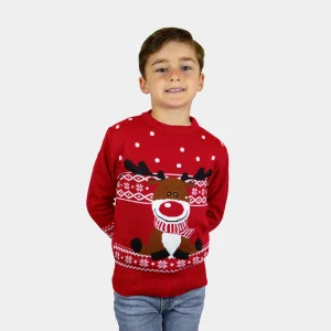 Jersey de Navidad para Niña y Niño Rojo Reno Rudolph Bufanda