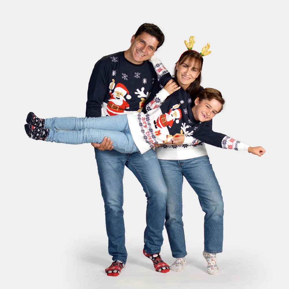 Jersey de Navidad Niña y Niño Azul Papá Noel y Reno Rudolph - Imagen 5