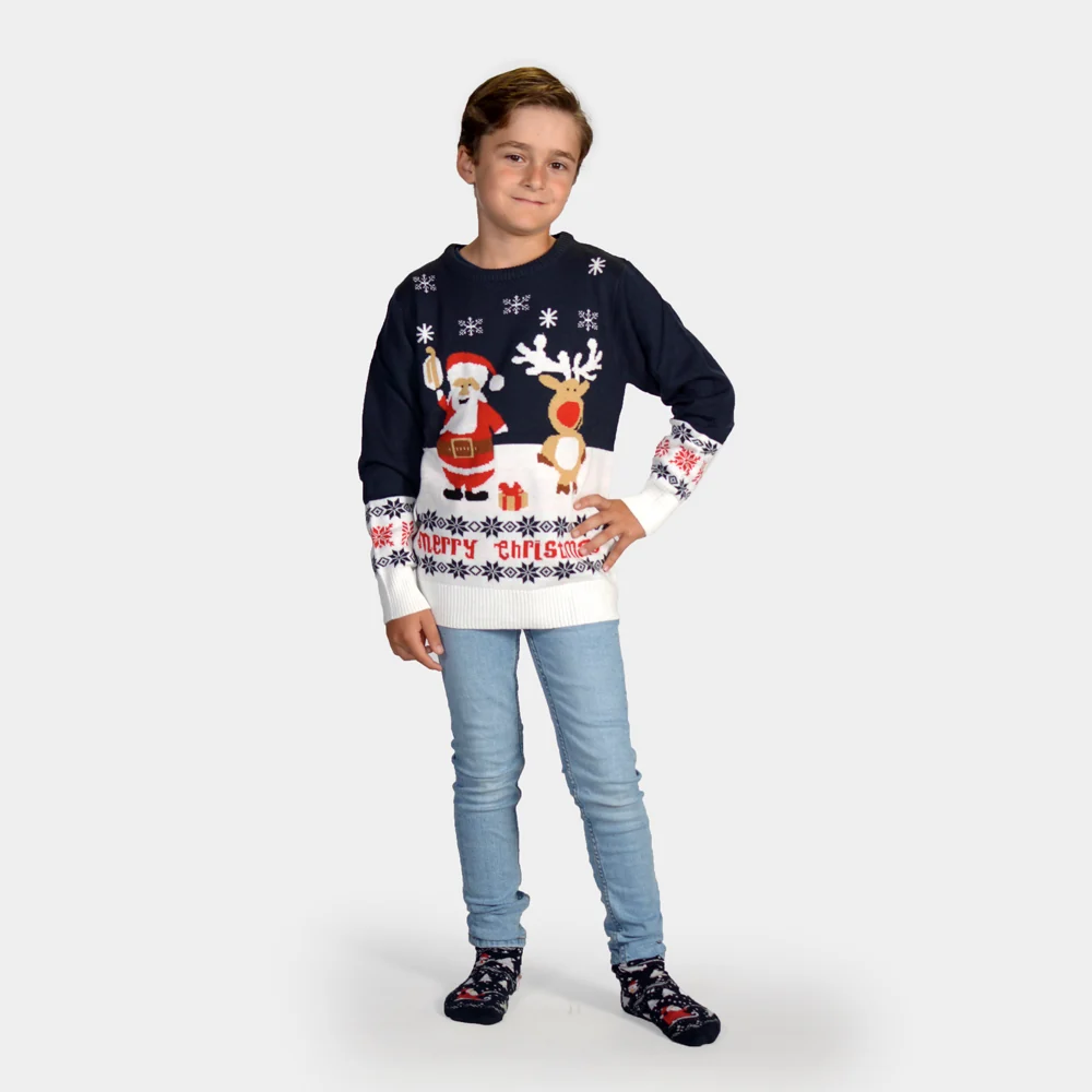 Jersey de Navidad Niña y Niño Azul Papá Noel y Reno Rudolph