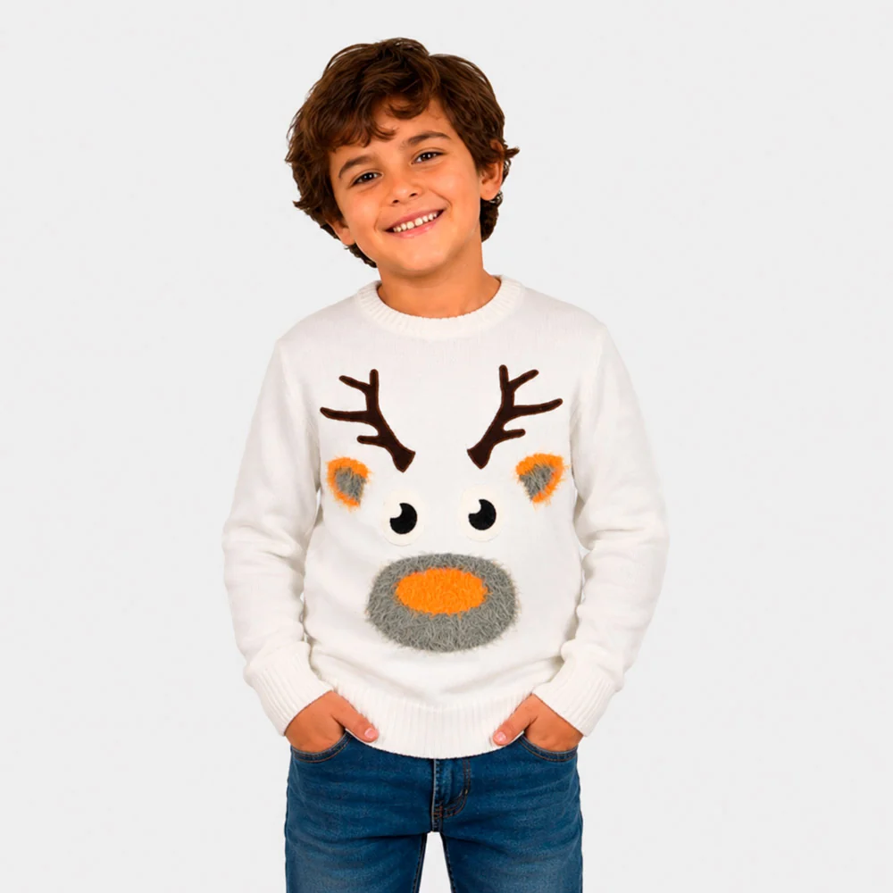 Jersey de Navidad para Niña y Niño Blanco con Reno 3D Algodón - Imagen 3