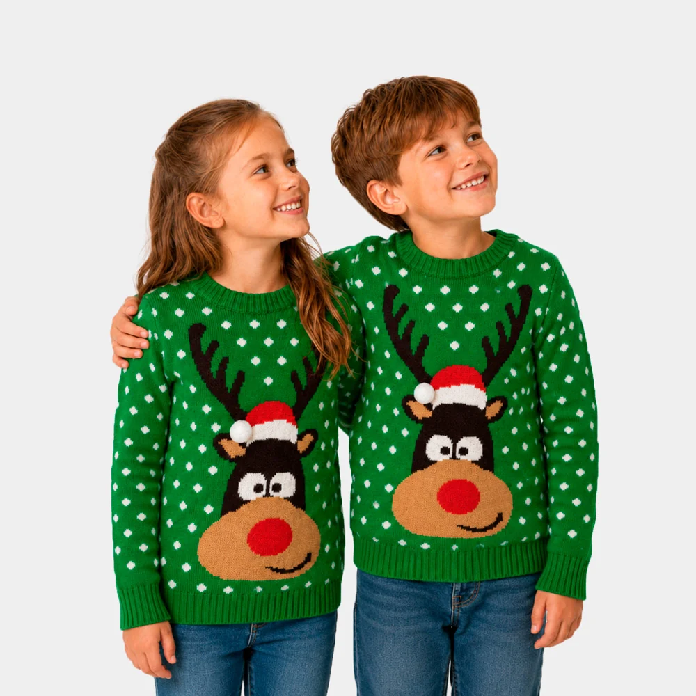 Jersey de Navidad para Mujer Verde Reno con Gorro en 3D Algodón - Imagen 4