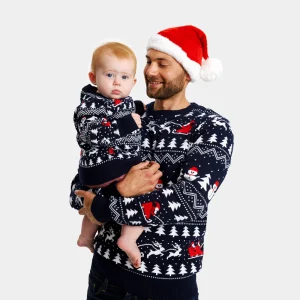 Jersey de Navidad para Familia Azul Árboles, Muñecos y Papá Noel
