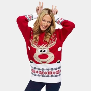 Jersey de Navidad para Familia Rojo con Reno Rudolph