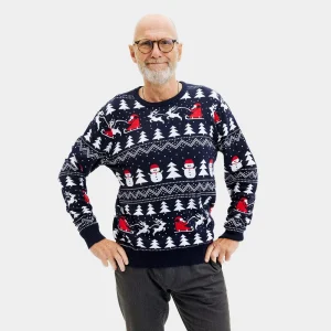Jersey de Navidad para Hombre Azul Árboles, Muñecos y Papá Noel